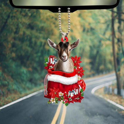 Talataca Goat 2D Flat Christmas Ornament, Goat in Red Santa Gift Bag Pine Tree Decor, Hanging House