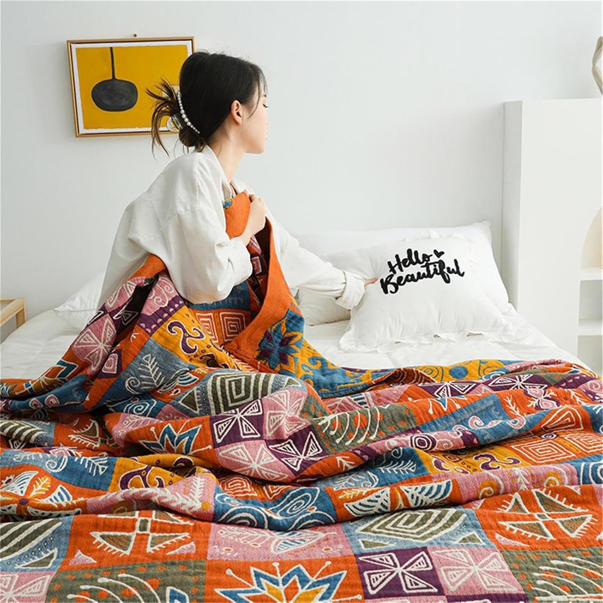Cotton Throw Boho Blanket for Couch Bed,Cotton Quilted Boho 80''x90'' Muslin Blankets Travel