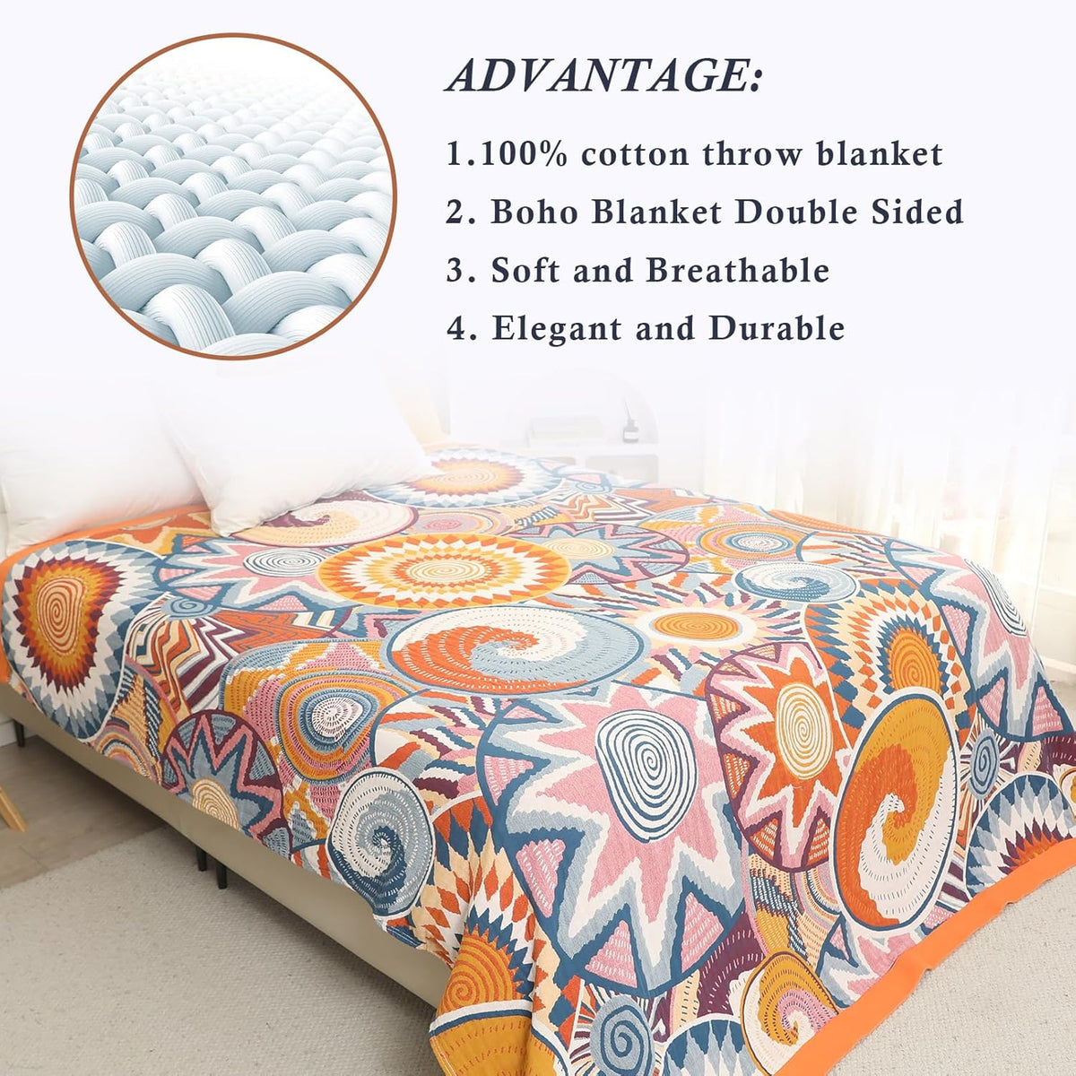 Snycler Boho Throw Blanket for Bed - 100% Cotton Ultra Soft Rustic Quilt Fall Blanket - Orange