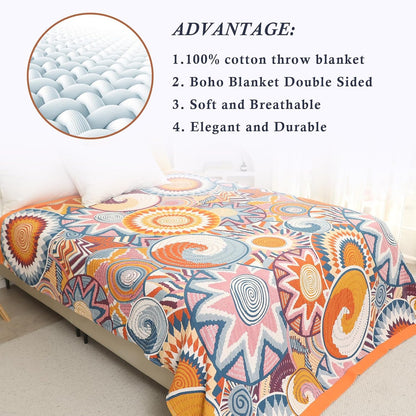 Snycler Boho Throw Blanket for Bed - 100% Cotton Ultra Soft Rustic Quilt Fall Blanket - Orange
