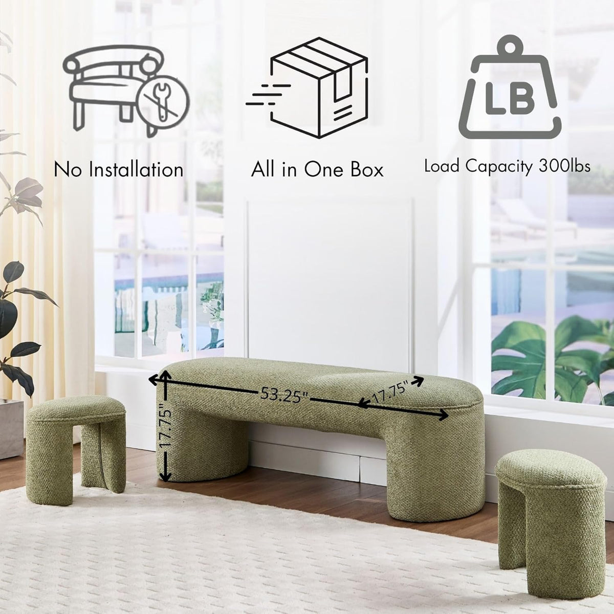 3-Piece 53" Comfy Upholstered Dining Bench with 2 Ottomans, Accent Waterfall Bench Modern End of