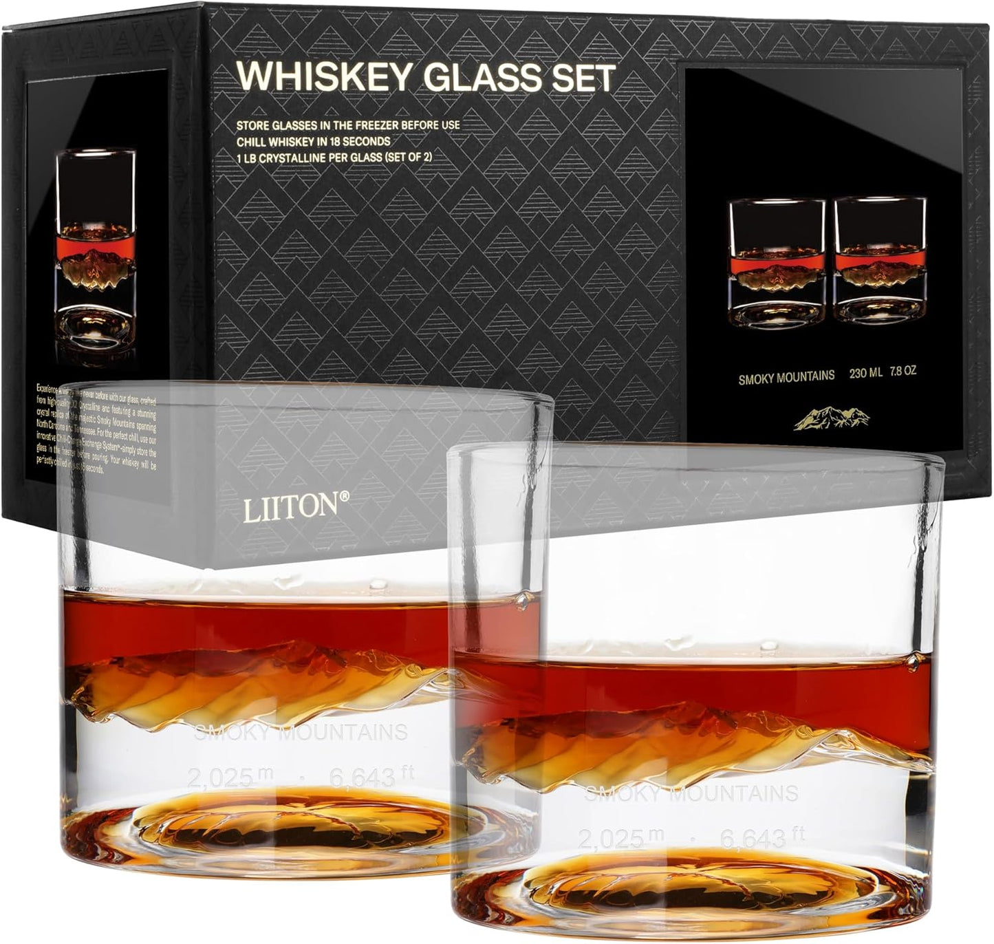 Smoky Mountain Heavy Crystal Whiskey Glasses Gift Set of 2, Thick Freezable Bourbon Glass 1lb Each