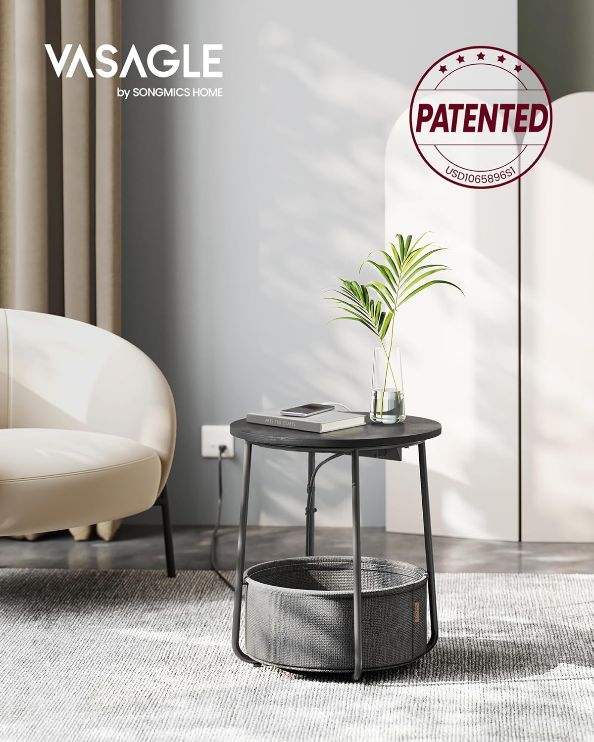 VASAGLE Side Table with Charging Station, Round End Table with Fabric Basket, Nightstand with Power