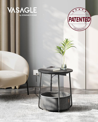 VASAGLE Side Table with Charging Station, Round End Table with Fabric Basket, Nightstand with Power