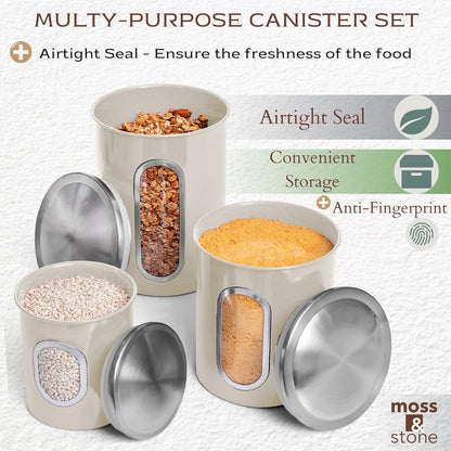 Moss & Stone 3-Piece Beige Canisters Sets For The Kitchen, Airtight Canister Set With See Through