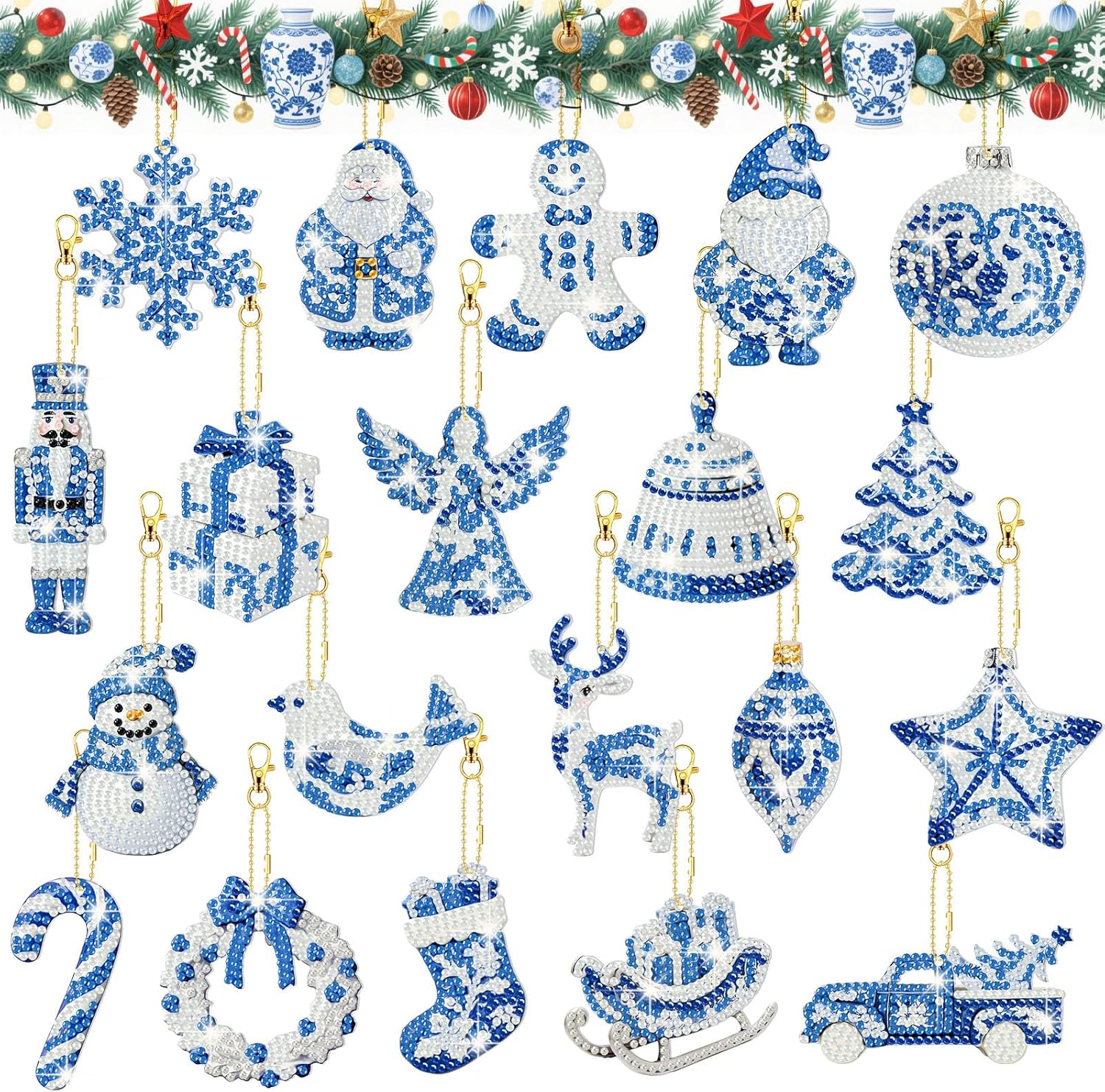 Tondiamo 20 Pcs Christmas Diamond Painting Keychain Kits 5D DIY Diamond Art Pendants Double Sided
