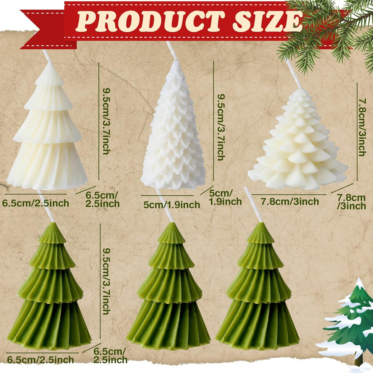 6 Pcs Christmas Tree Shaped Candles Xmas Wax Scented Candles White Green Decorative Christmas Tree
