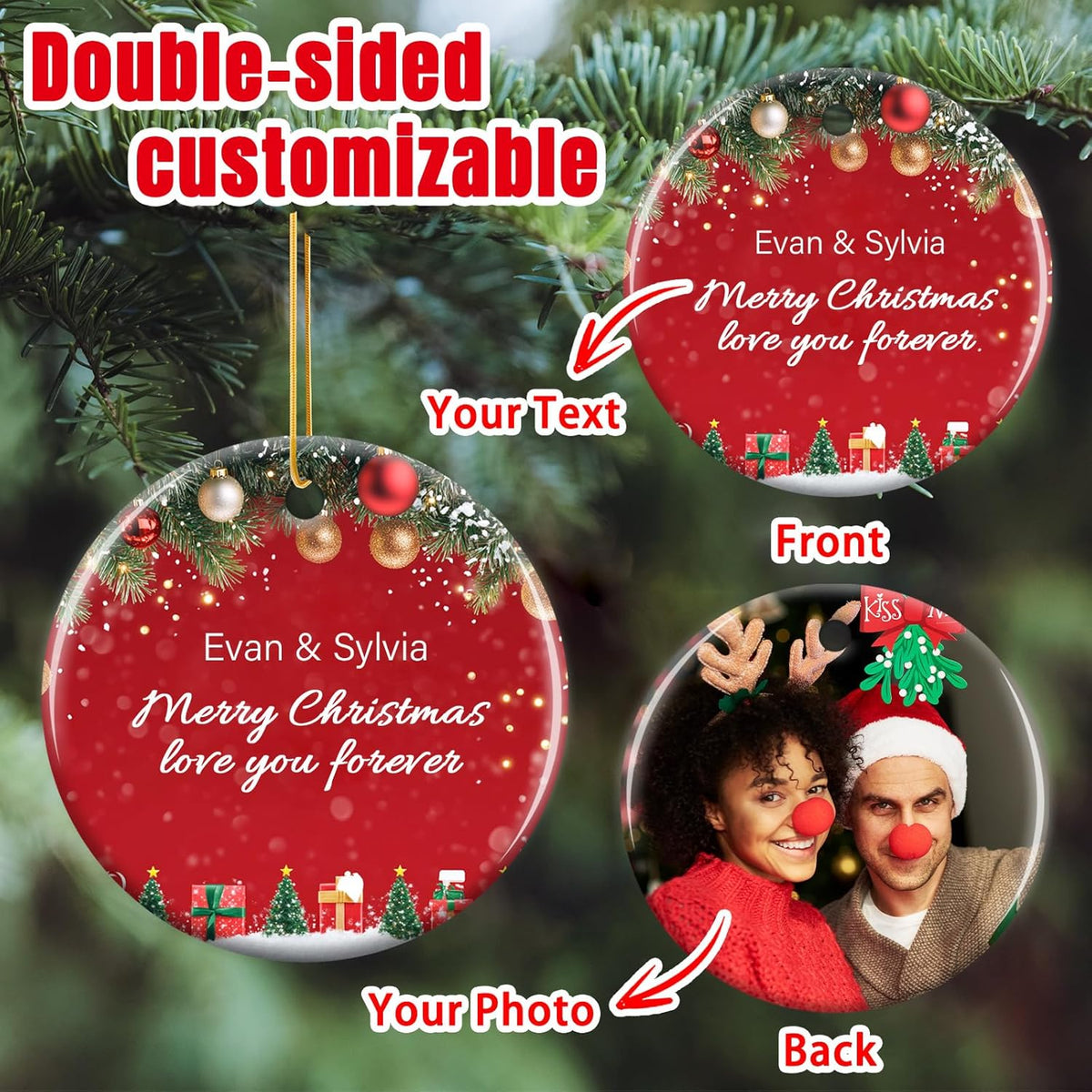 Personalized Christmas Ornaments 2025 - Custom Double-Sided Photo Ceramic Xmas Tree Hanging Decor