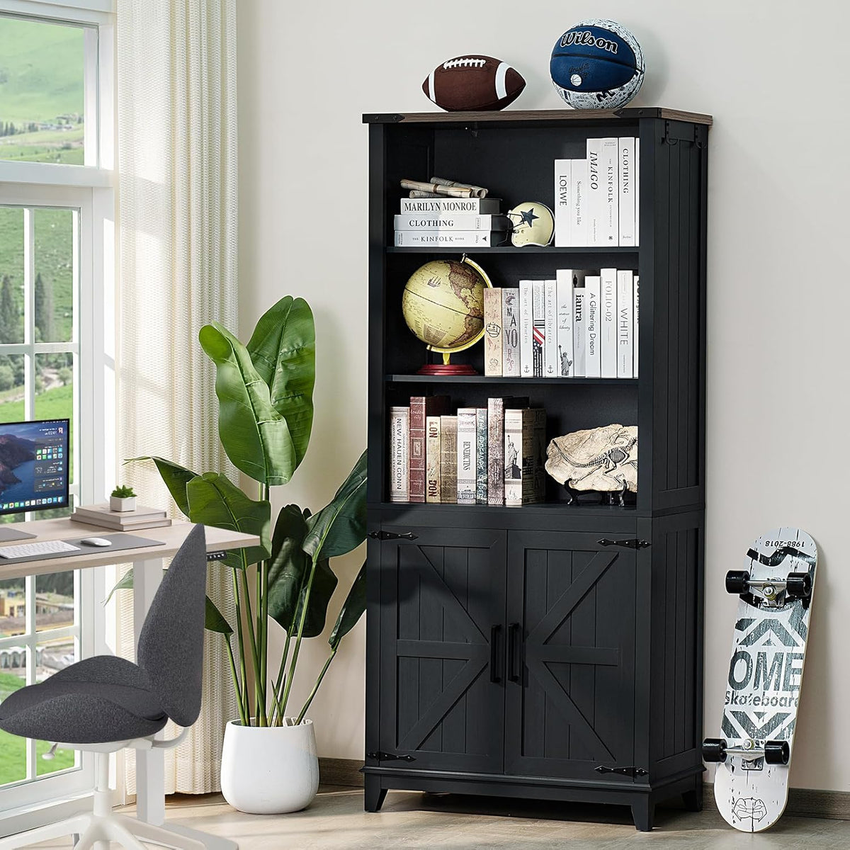 70in Tall Bookshelf 5 Tier Bookcase with Barn Doors and Adjustable Shelves, Black Farmhouse Book