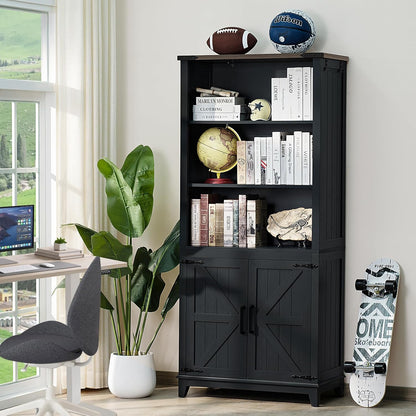 70in Tall Bookshelf 5 Tier Bookcase with Barn Doors and Adjustable Shelves, Black Farmhouse Book