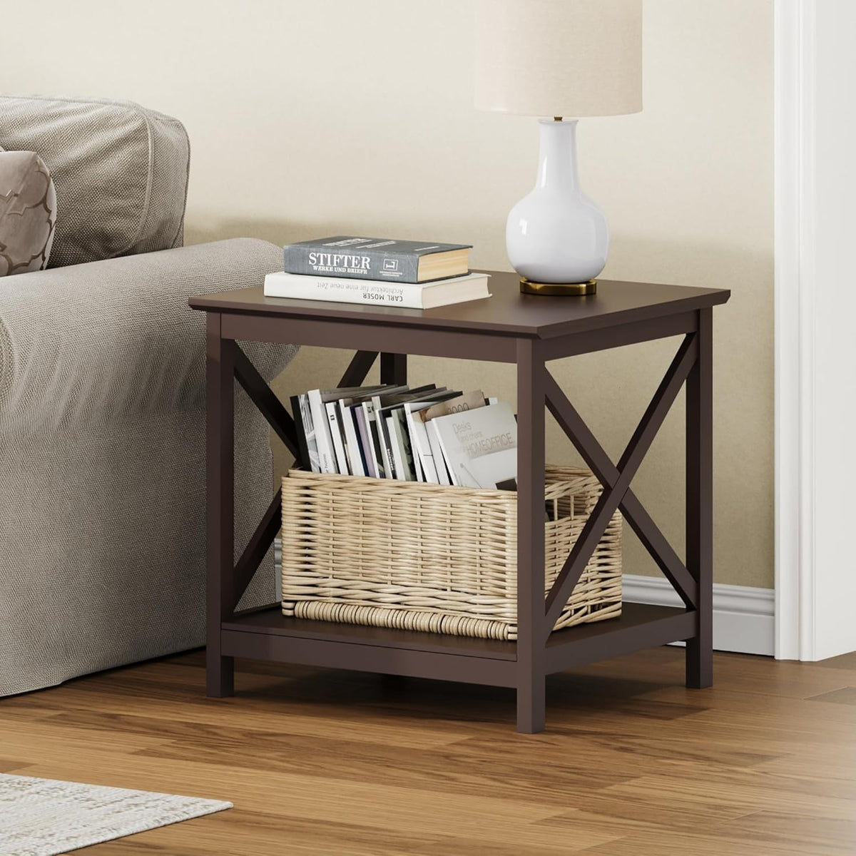 ChooChoo End Table, 24 Inch End Table with 2-Tier Storage Shelf, Side Table for Living Room, Wood