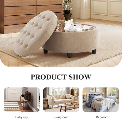 COLAMY Fabric Round Storage Ottoman with Reversible Tray Lid – Multi-Functional Footrest, Hidden