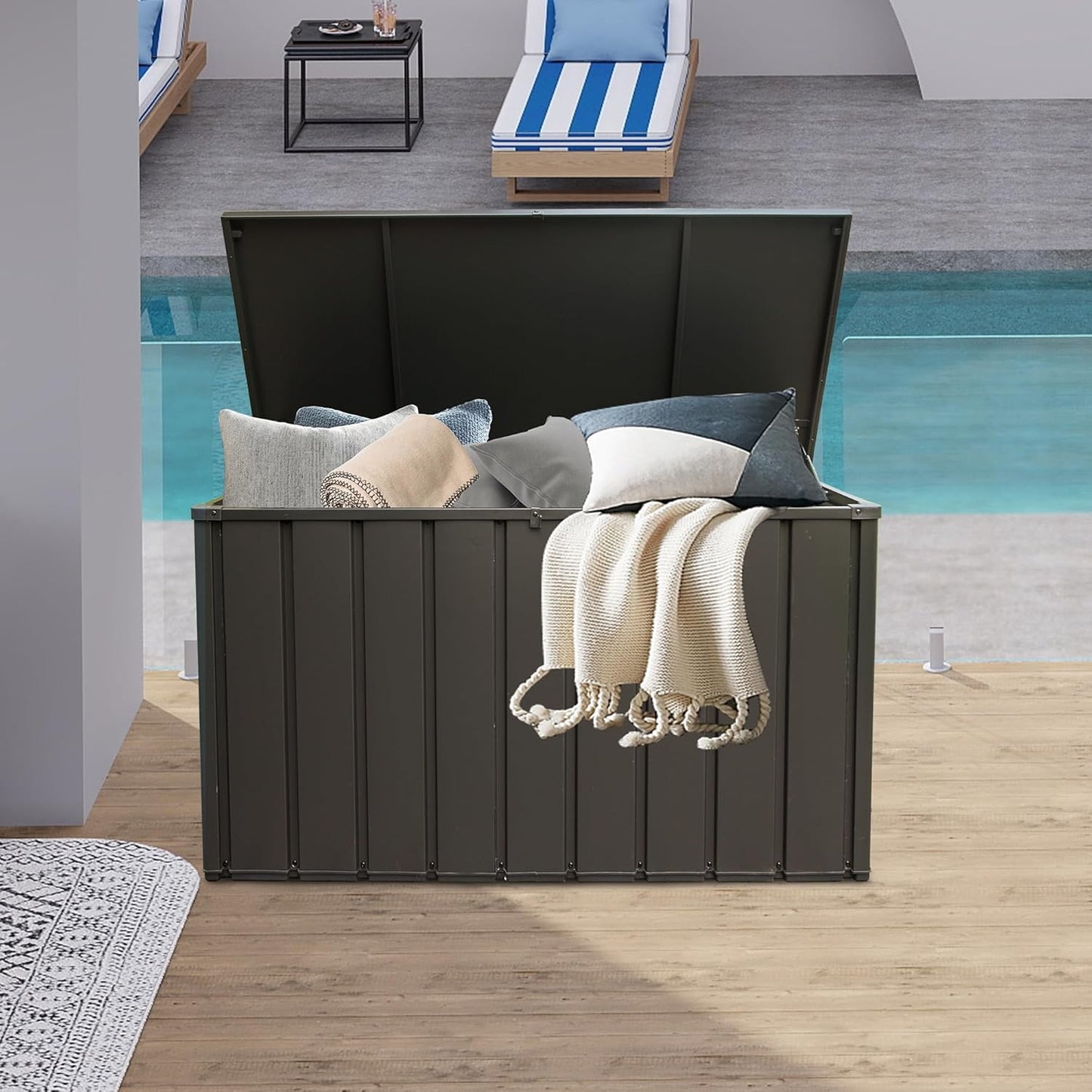 Domi 200 Gallon Deck Box, Outdoor Metal Lockable Storage Cabinet, Waterproof Steel Outdoor Bench