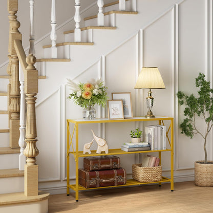 Hoctieon Gold Console Table, 3 Tier Entryway Table, Hallway Table, Narrow Sofa Table with Shelves