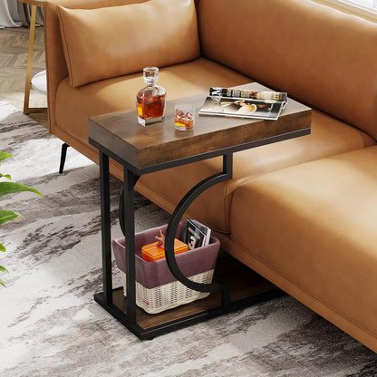 Tribesigns Narrow Side Table Brown Black C Shaped End Table Modern Bedside Tables for Couch, Small