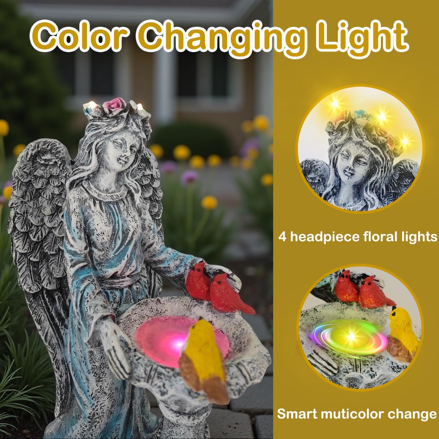 Mrocioa Solar Outdoor Garden Decor Angel Statue Light with Color Changing Birdbath, Waterproof Led