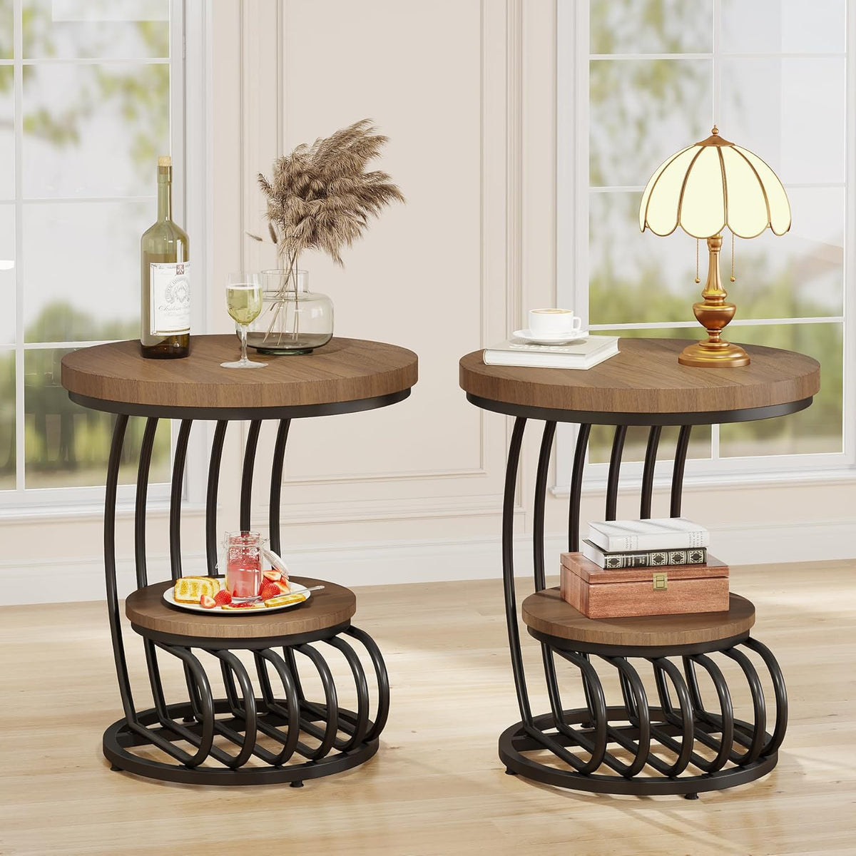 Tribesigns Round End Side Table: 2 Tiers Side Table Set of 2, Vintage End Table for Living Room