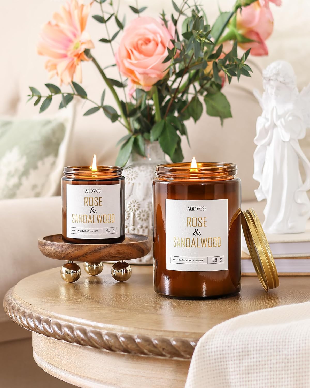 AOOVOO Rose Sandalwood Candles - 22 oz Scented Candles, Aromatherapy Candle, Soy Candle for Home