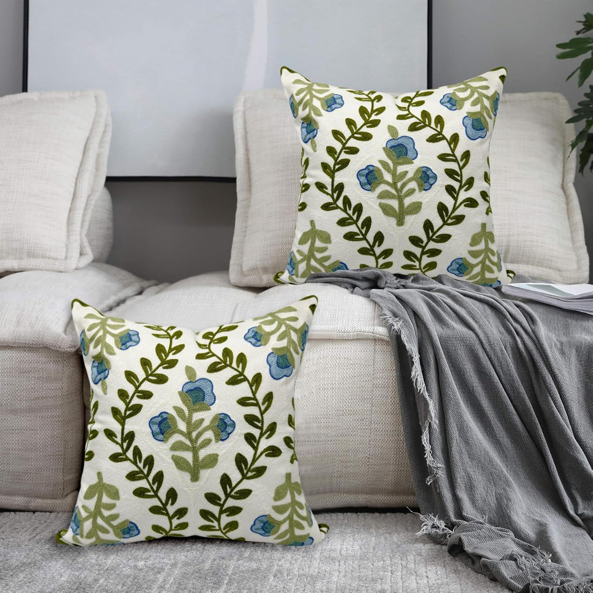 Alysheer Floral Embroidered Summer Decorative Throw Pillow Covers 20"x 20" Set of 2, Farmhouse