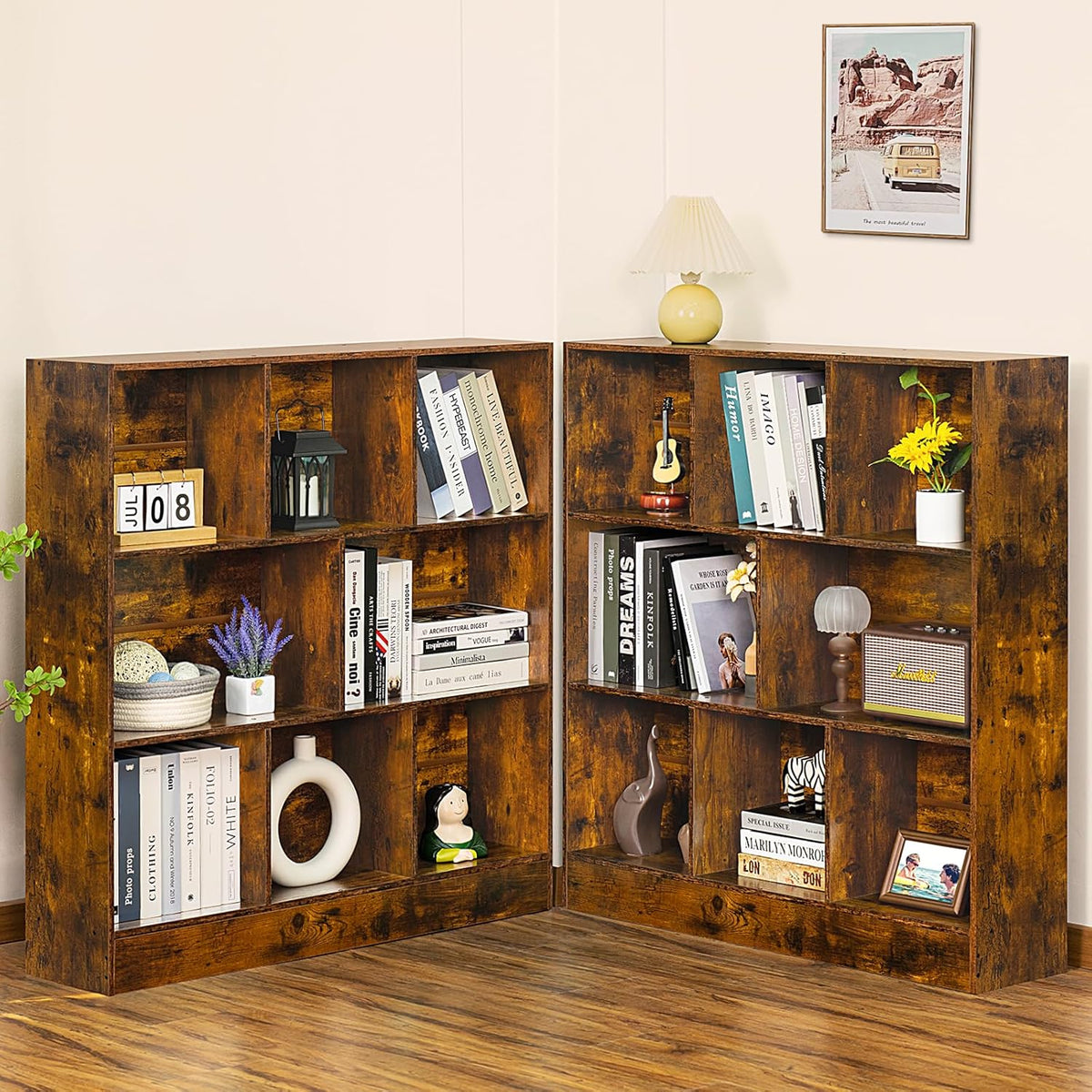LEYAOYAO 8 Cube Bookshelf with Wood Base, Brown 3 Tier Mid-Century Modern Bookcase,Standing Wide