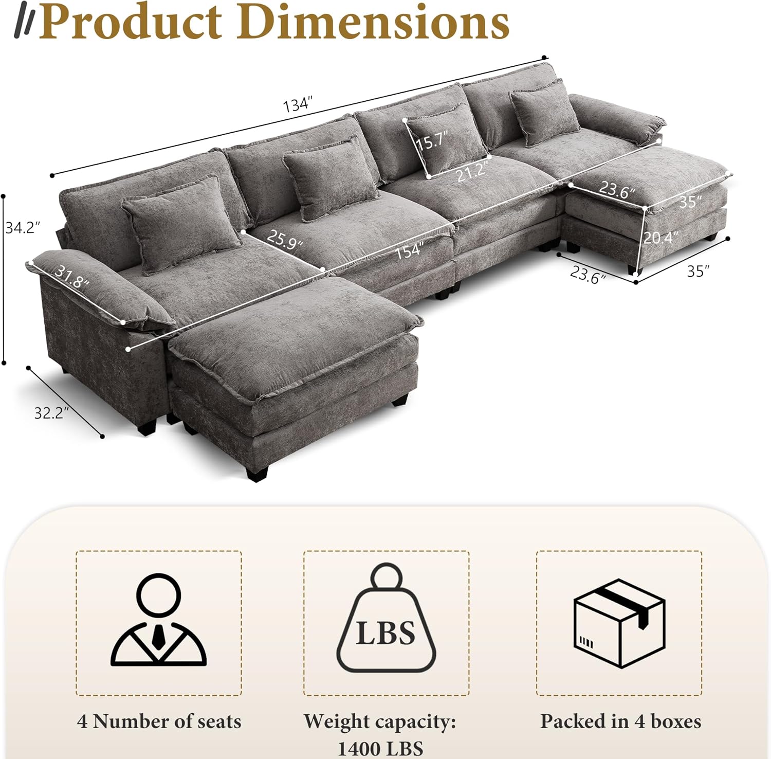 URRED Modular Sectional Sofa Comfy Cloud Couch, Modern Chenille Sofa Sleeper Deep Seat Couches with