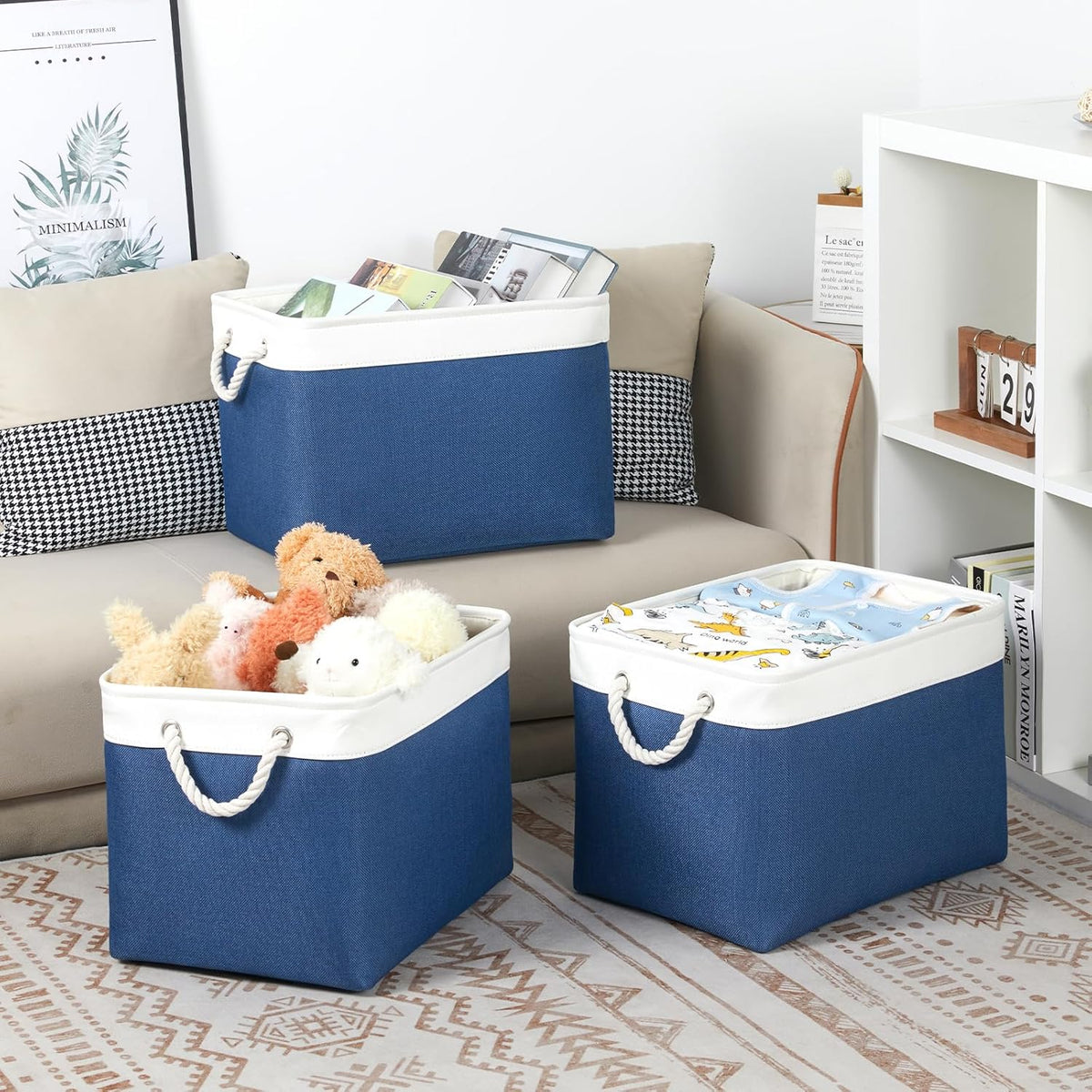 Bidtakay Large Storage Baskets for Shelves 3 Pack Fabric Storage Bins for Organizing Navy Blue