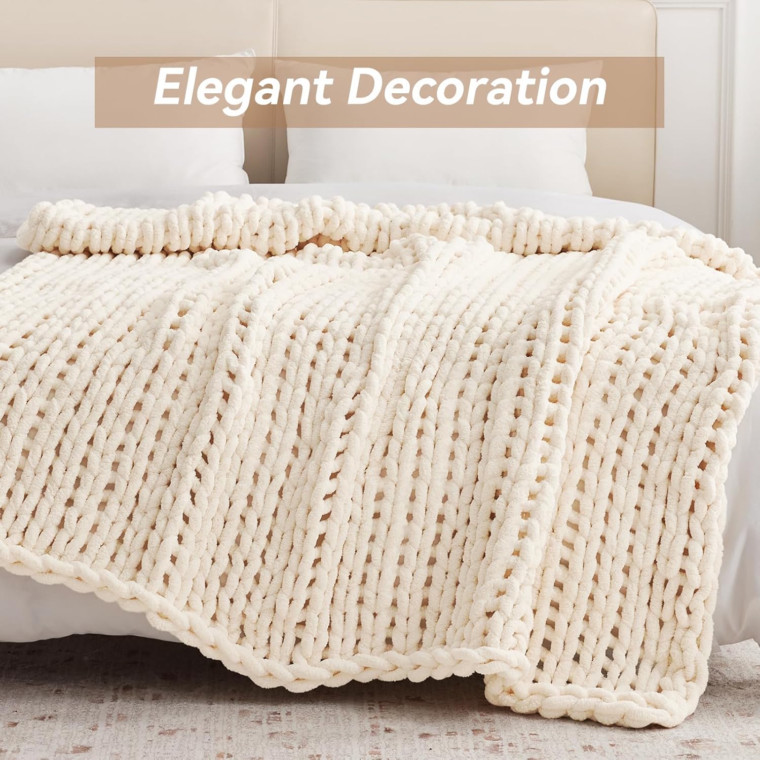 Chunky Knit Throw Blanket, 40''*50'' Knitted Throw Chenille Yarn for Bed Couch, Handmade Cream