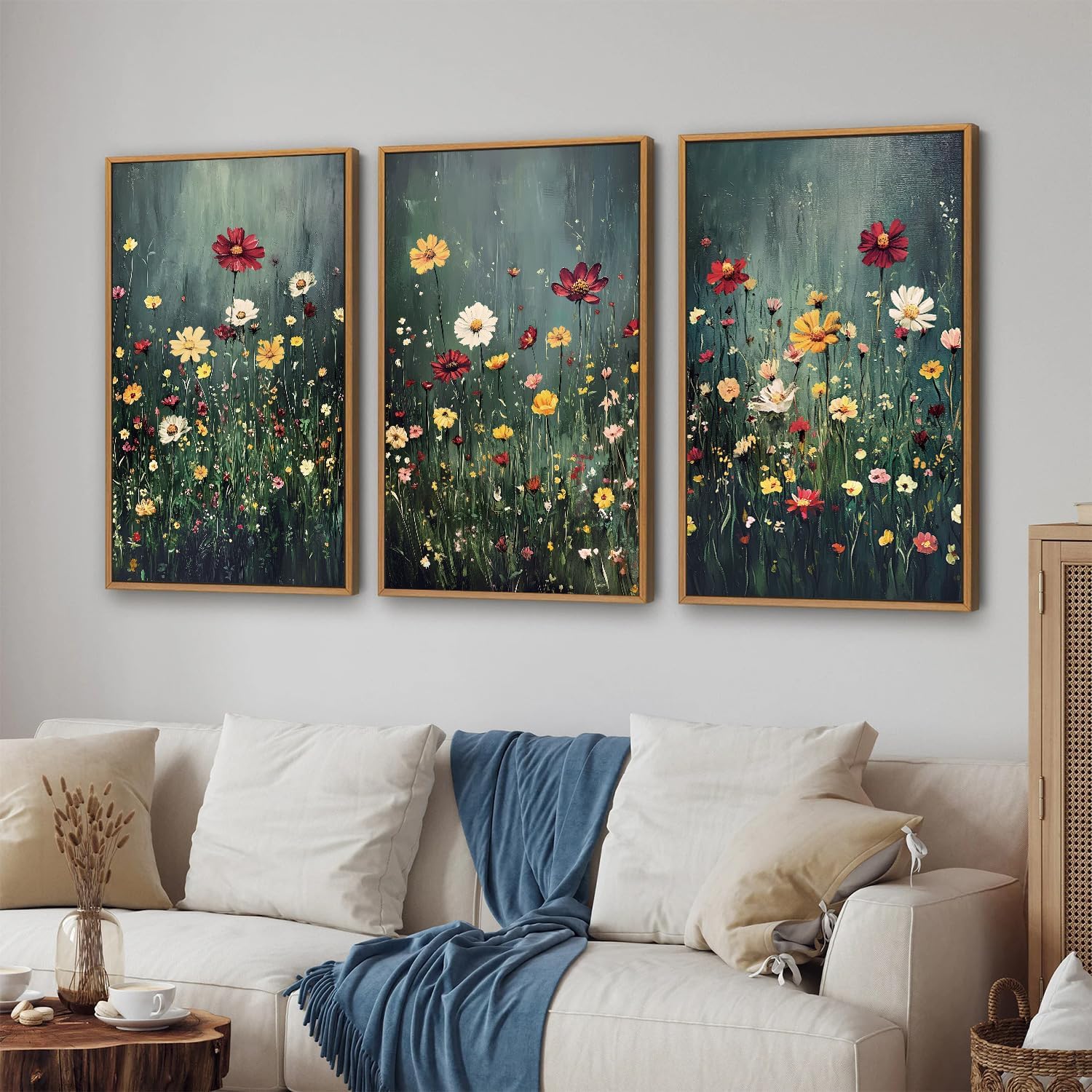 SIGNINART Vintage Floral Framed Canvas Wall Art, Dark Moody Wildflowers Wall Decor, Boho Abstract