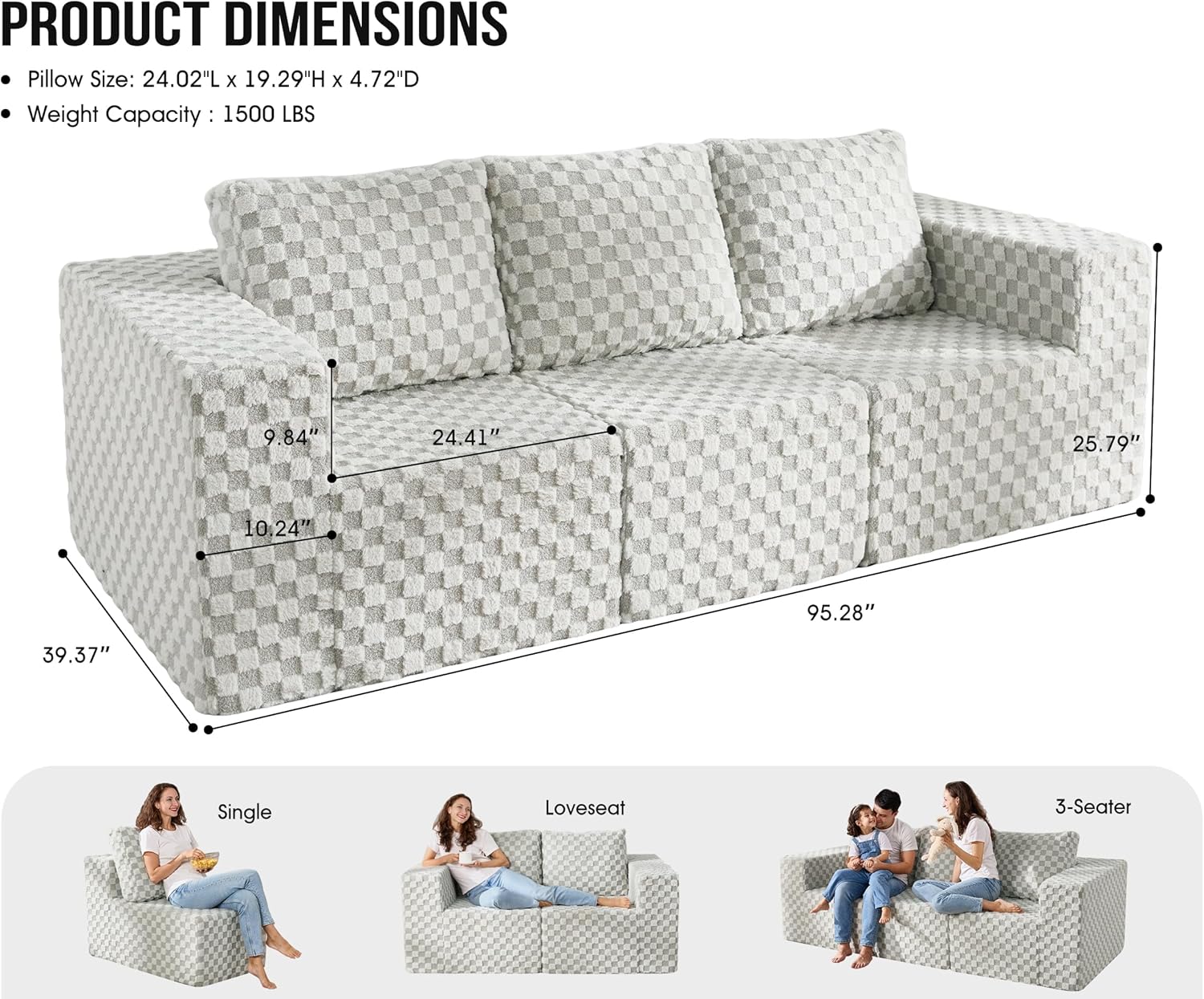 Modular Sectional Sofa 3-Seater Modular Couch with Deep Seat Memory Foam Cloud Chair with Pillows