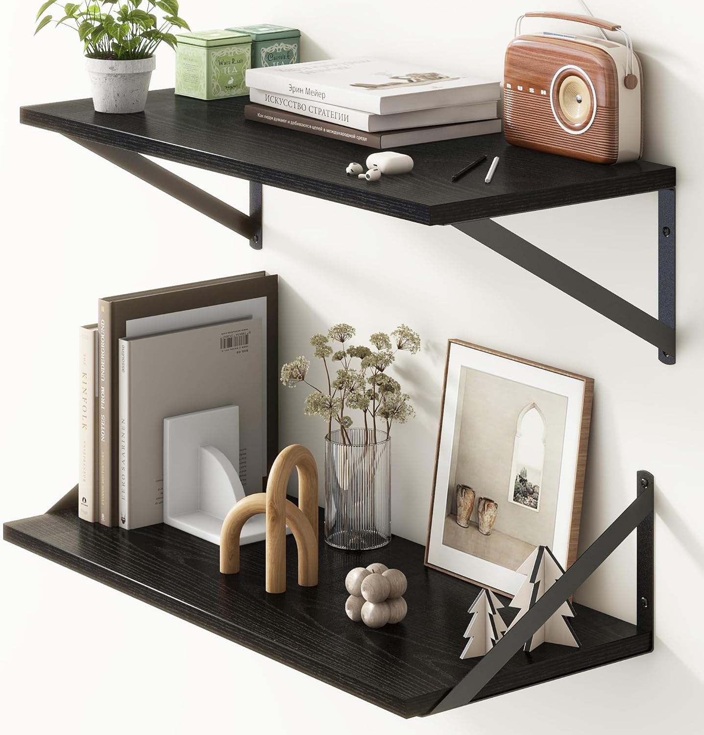 Deep Black Floating Shelves for Wall, 24"W x 10"D Wall Shelves Set of 2, 10 Inch Deep Floating