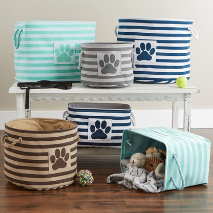 Bone Dry Pet Storage Collection Striped Paw Patch Bin, Medium Round, Brown