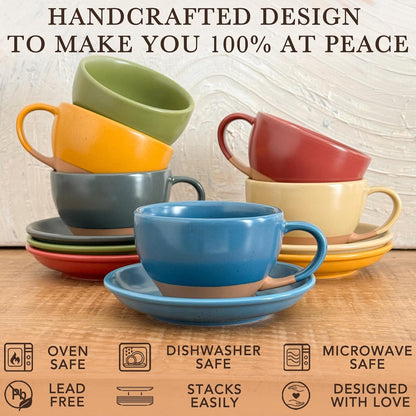 Mora Ceramic Latte Art Mug With Saucer - 10.5 oz, Round Bottom For Perfect Pours - Cafe Cups for