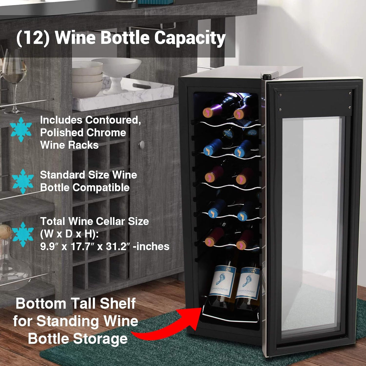 NutriChef PKCWC12 12 Bottle Cooler Refrigerator White and Red Countertop Chiller, Freestanding