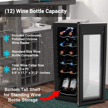 NutriChef PKCWC12 12 Bottle Cooler Refrigerator White and Red Countertop Chiller, Freestanding