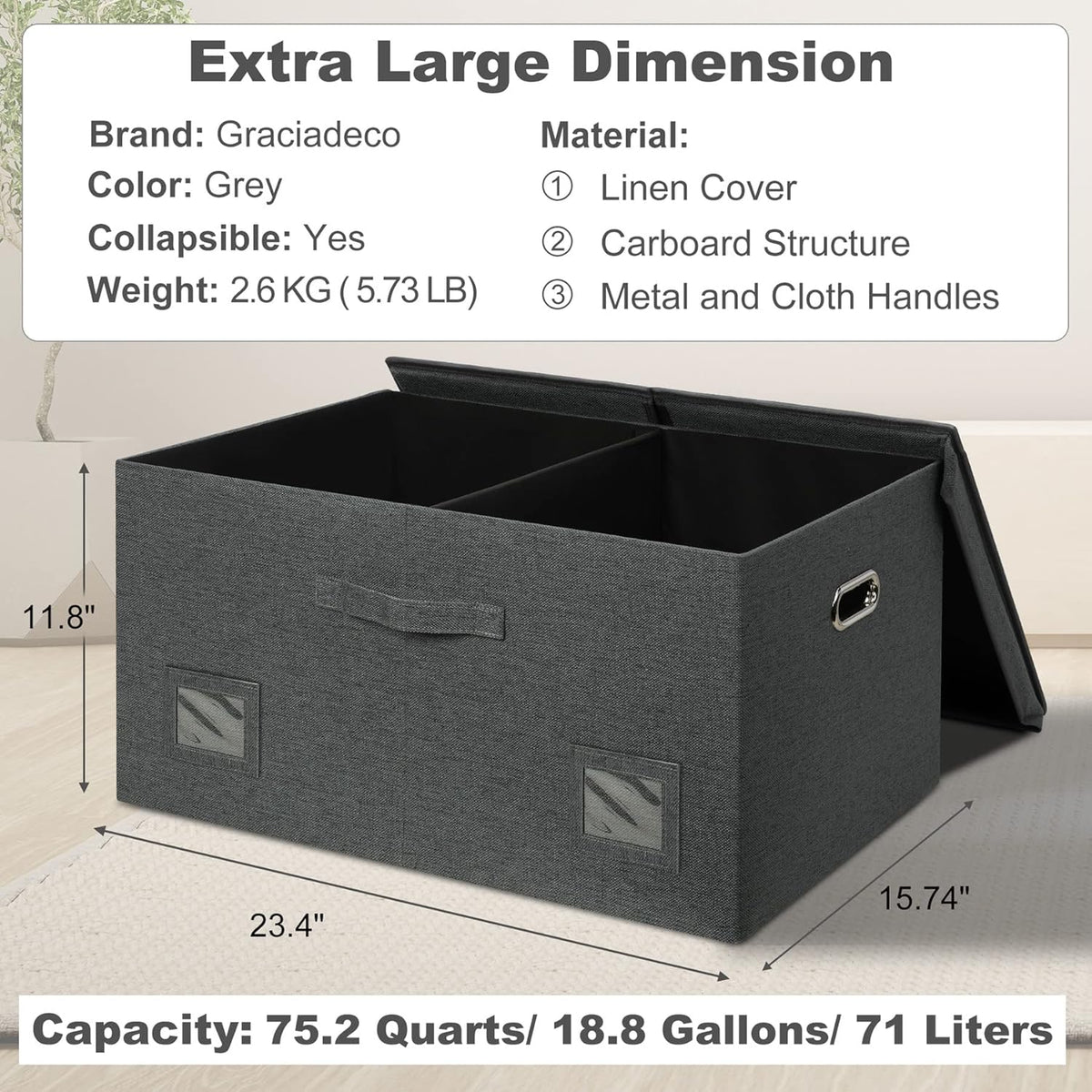 75 Quarts Extra Large Decorative Storage Bins with Lids, 3 Packs Dark Gray Collapsible Storage Bins