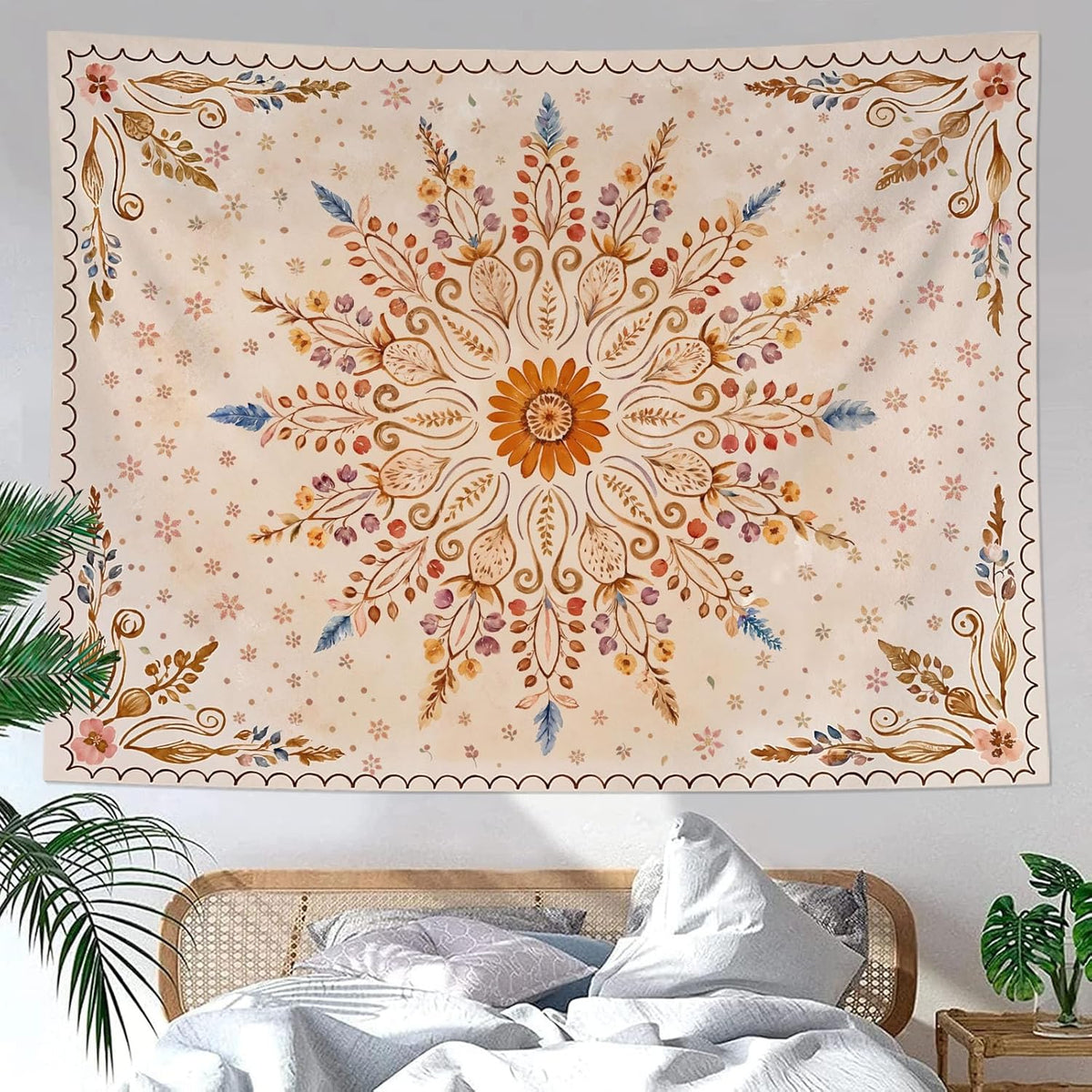Fowocu Boho Floral Mandala Tapestry for Bedroom Aesthetic Watercolor Bohemian Flower Wall Tapestry
