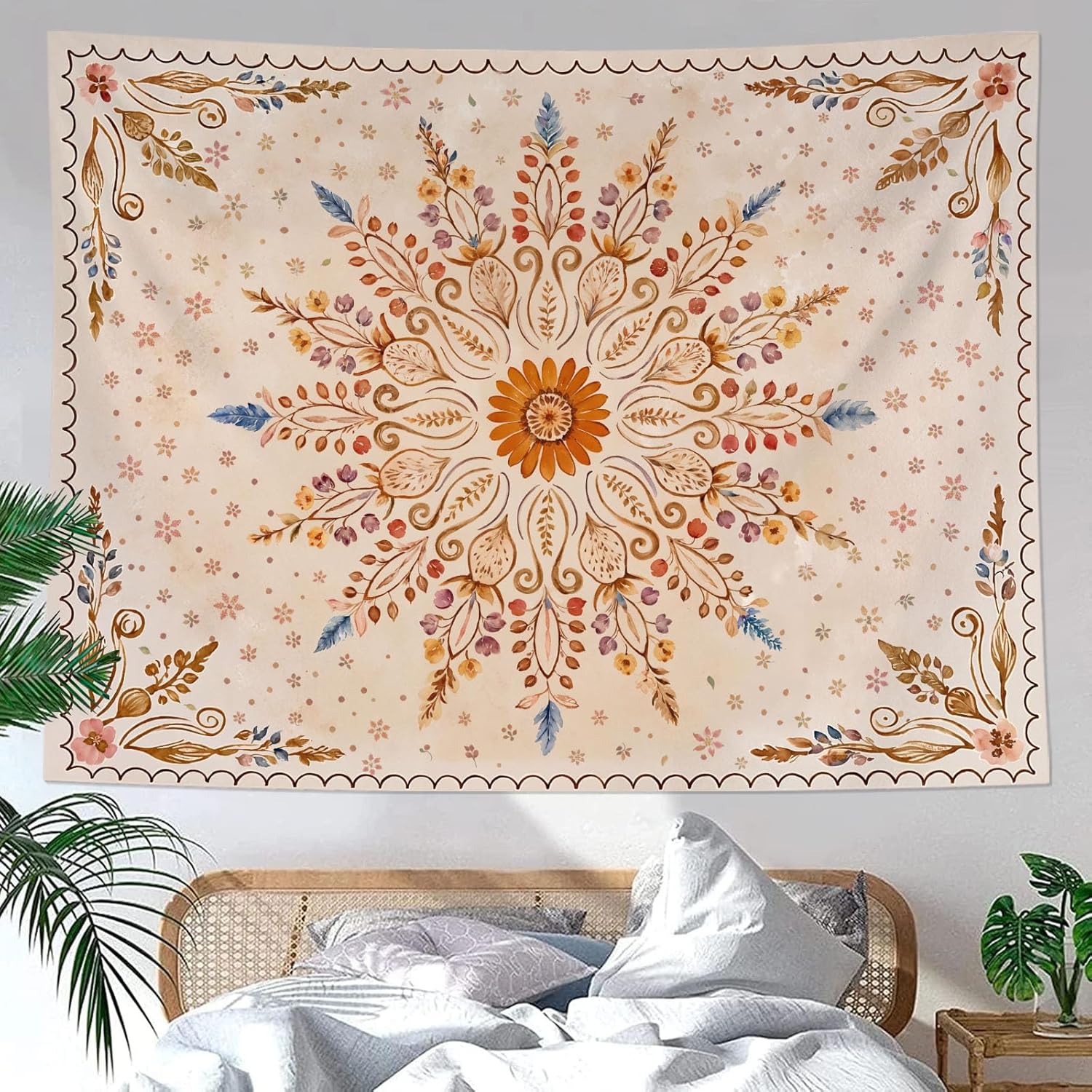 Fowocu Boho Floral Mandala Tapestry for Bedroom Aesthetic Watercolor Bohemian Flower Wall Tapestry