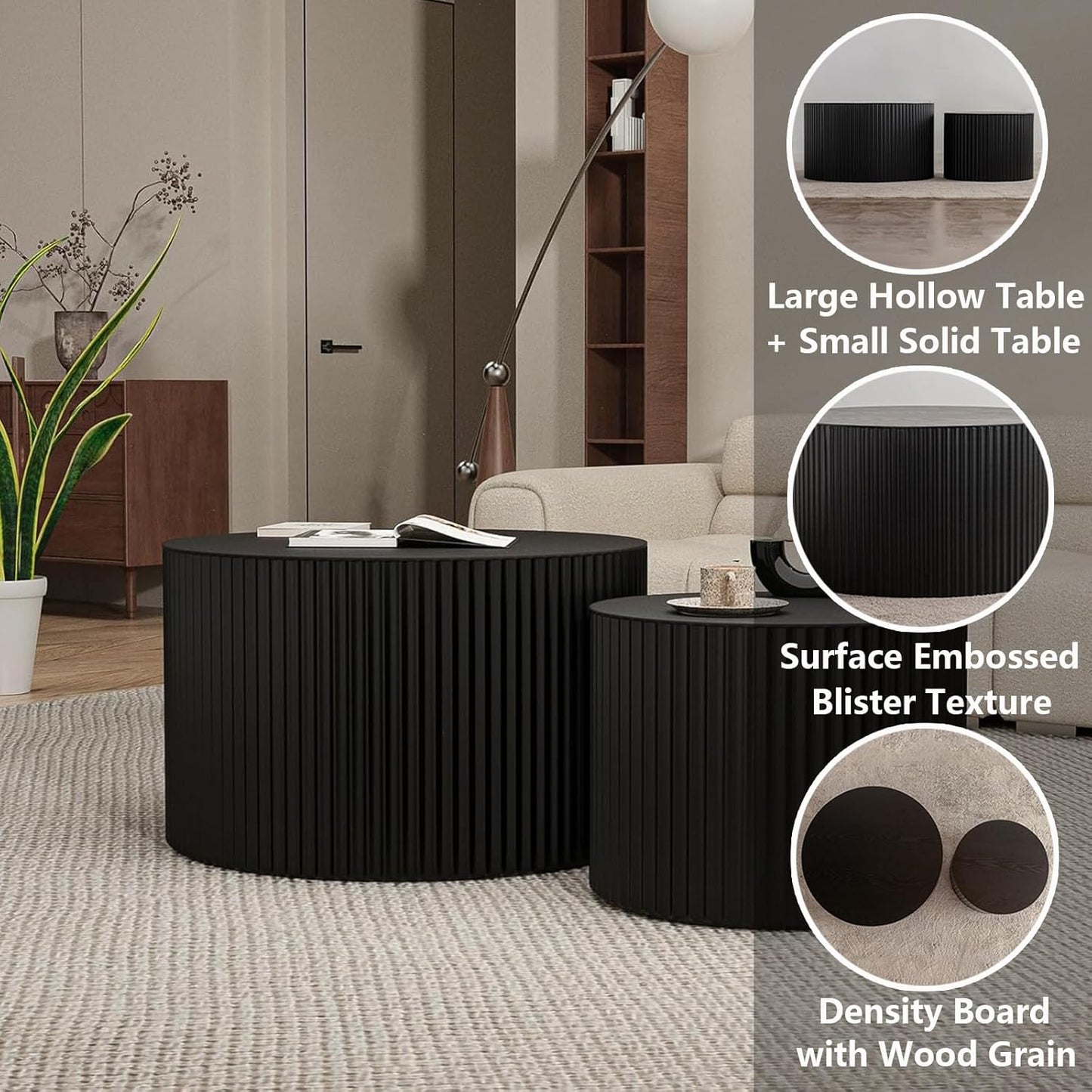 Nesting Coffee Table Set of 2 Modern Black Handcraft Fluted Coffee and End Table Sets Wooden Drum