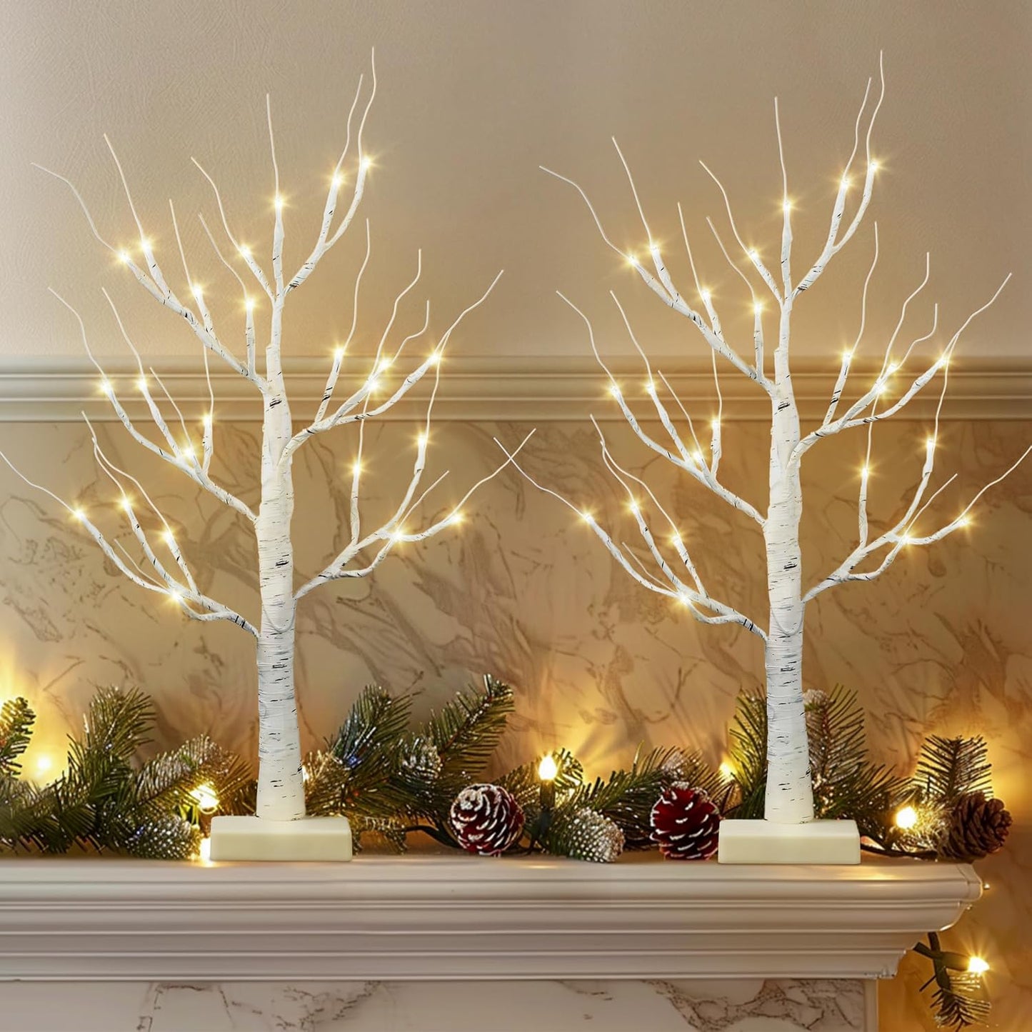 Christmas Decorations Indoor,2 Pack 2 FT White Lighted Birch Tree with Led Lights,Christmas Tree