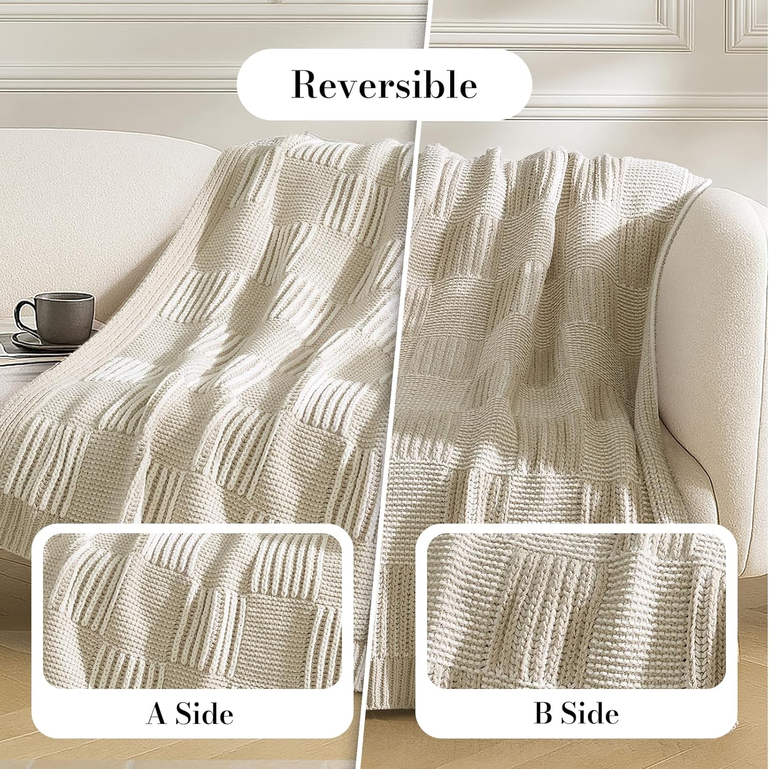 Amélie Home Chenille Knit Throw Blanket for Couch, Checkered Texture Decorative Soft Blanket for