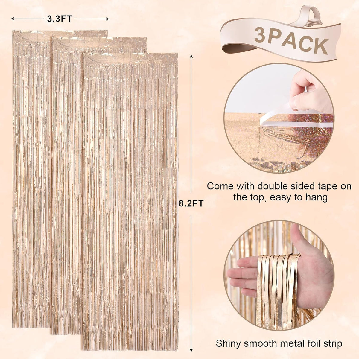 3 Pack 3.3 x 8.2 ft Laser Champagne Foil Fringe Backdrop Curtains, Tinsel Streamers Birthday Party