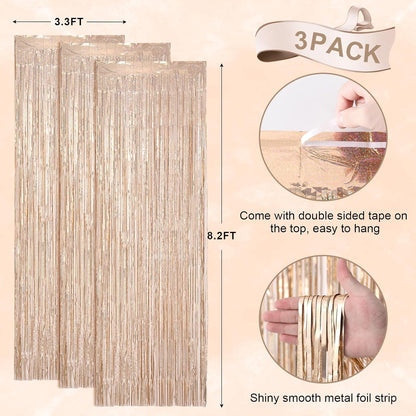 3 Pack 3.3 x 8.2 ft Laser Champagne Foil Fringe Backdrop Curtains, Tinsel Streamers Birthday Party