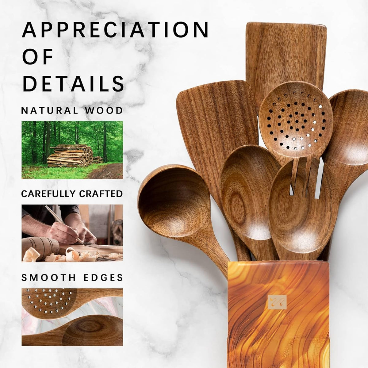 Wooden Spoons for Cooking, Nonstick Cooking Utensil Set with 7 Piece Acacia Wooden Spatulas and