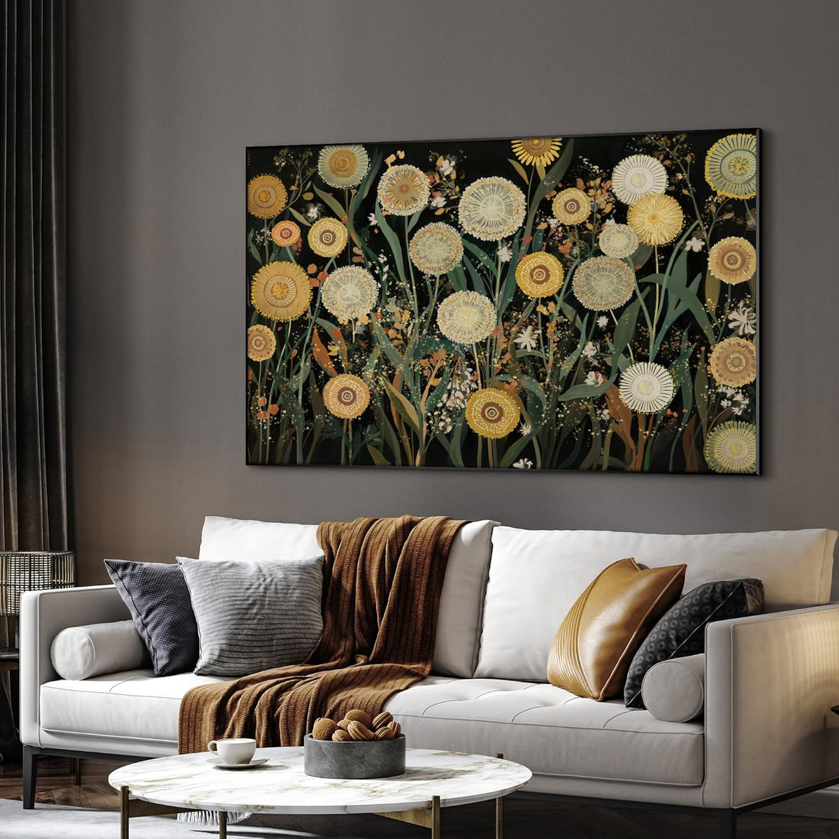 SIGNWIN 30"x60" Extra Large Framed Wall Art Whimsical Dandelion Field in Yellow and Green, Playful