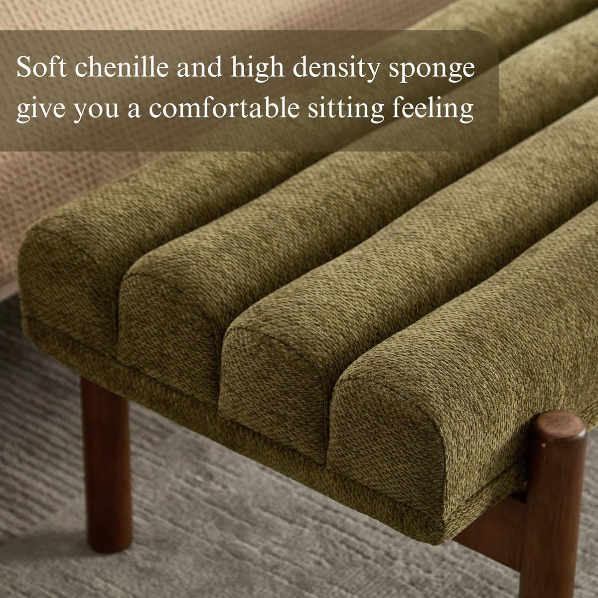 Green Upholstered Bench Modern End of Bed Bench Chenille Fabric Bedroom Bench for Entryway Living