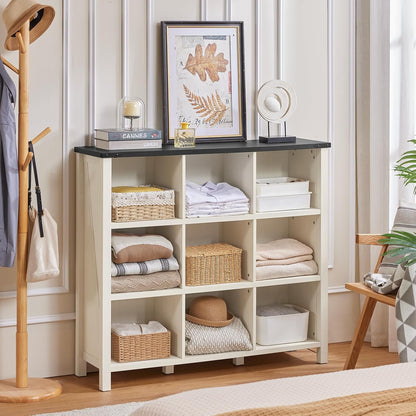 9 Cube Bookcase, Farmhouse 47 Inch Wide White Bookshelf, Wooden 3 Tier Display Large Open Book