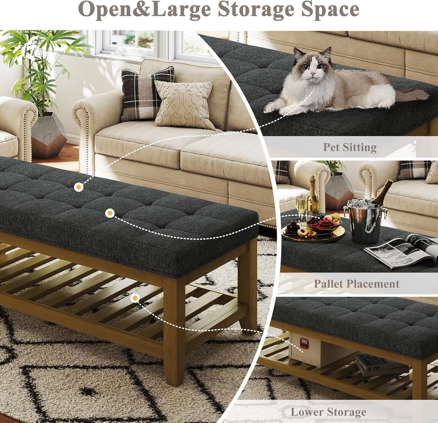 Large Rectangular Upholstered Ottoman Bench, Linen Tufted Footrest Ottoman with Solid Wood Shelf