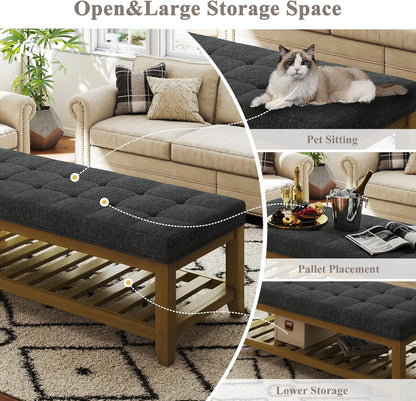 Large Rectangular Upholstered Ottoman Bench, Linen Tufted Footrest Ottoman with Solid Wood Shelf