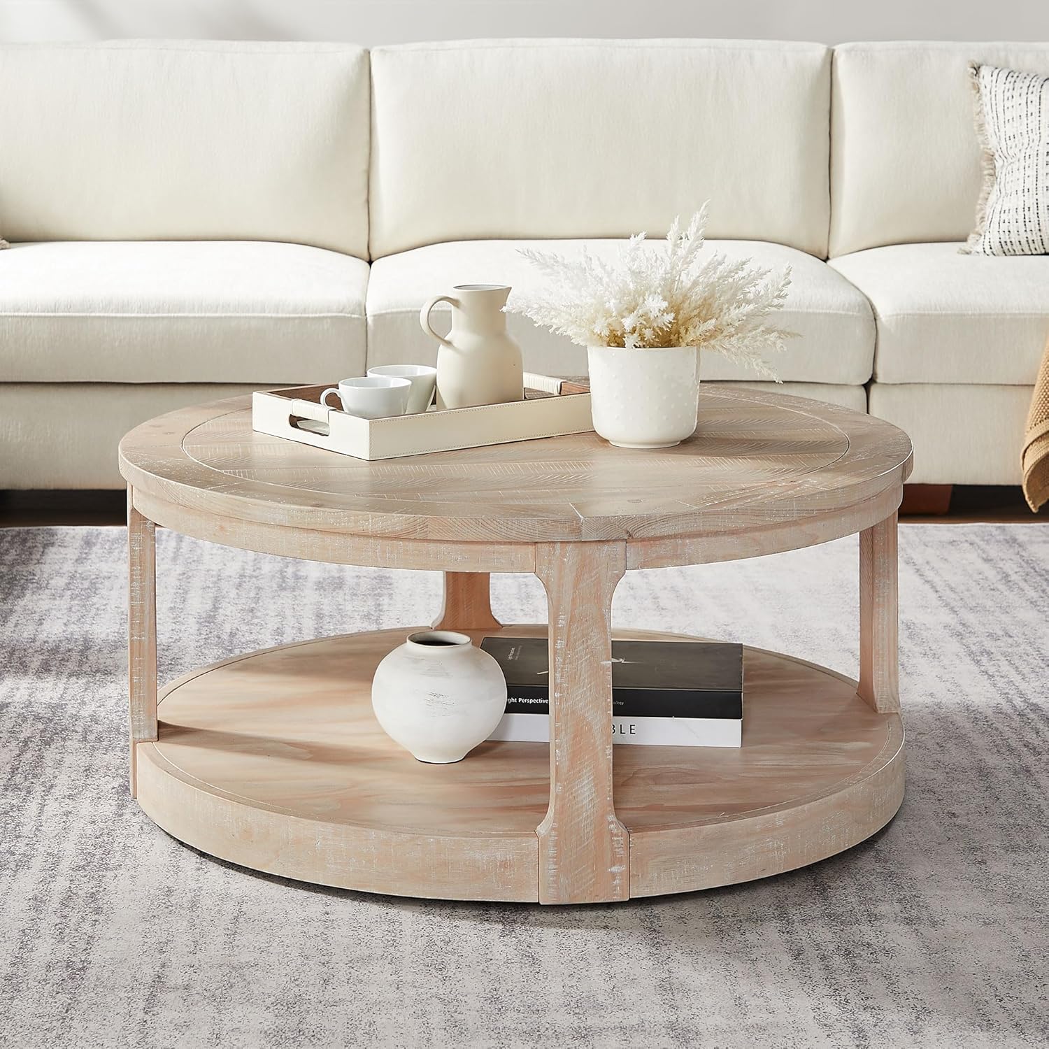 WILLIAMSPACE 40" Round Coffee Table with Wheels, Circle 2 Tier Solid Wood Center Coffee Table, Mid