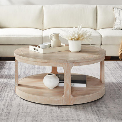 WILLIAMSPACE 40" Round Coffee Table with Wheels, Circle 2 Tier Solid Wood Center Coffee Table, Mid